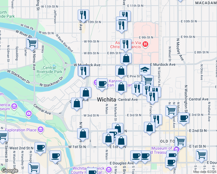 map of restaurants, bars, coffee shops, grocery stores, and more near 600 North Main Street in Wichita