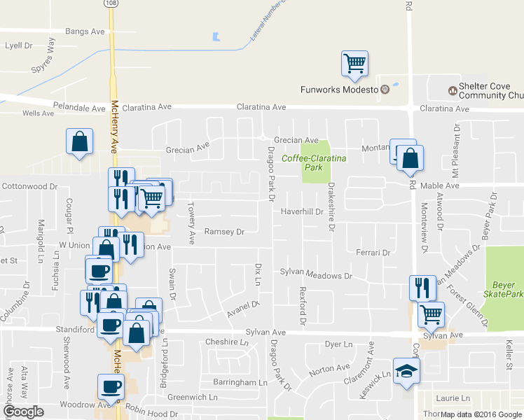 map of restaurants, bars, coffee shops, grocery stores, and more near 3836 Fensom Way in Modesto