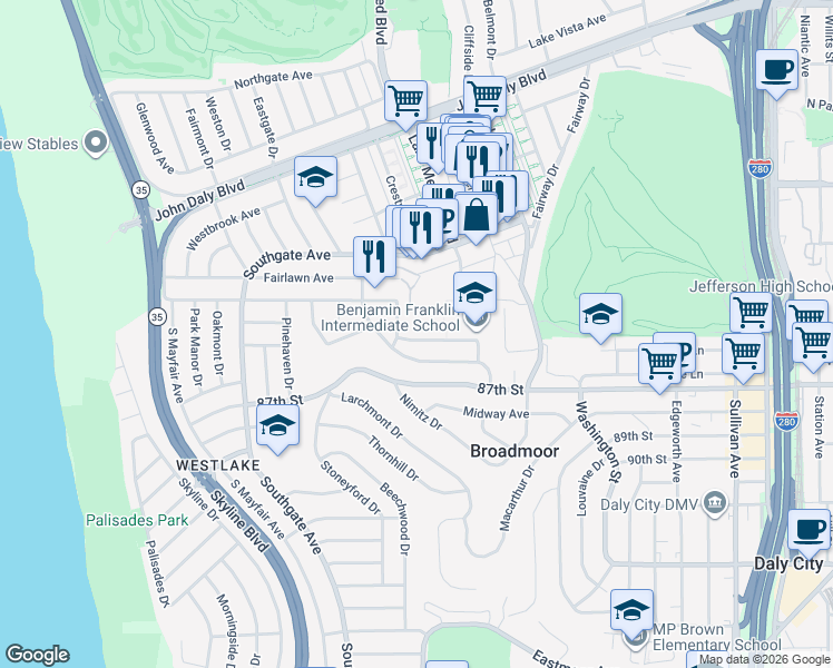 map of restaurants, bars, coffee shops, grocery stores, and more near 768 Stewart Avenue in Daly City
