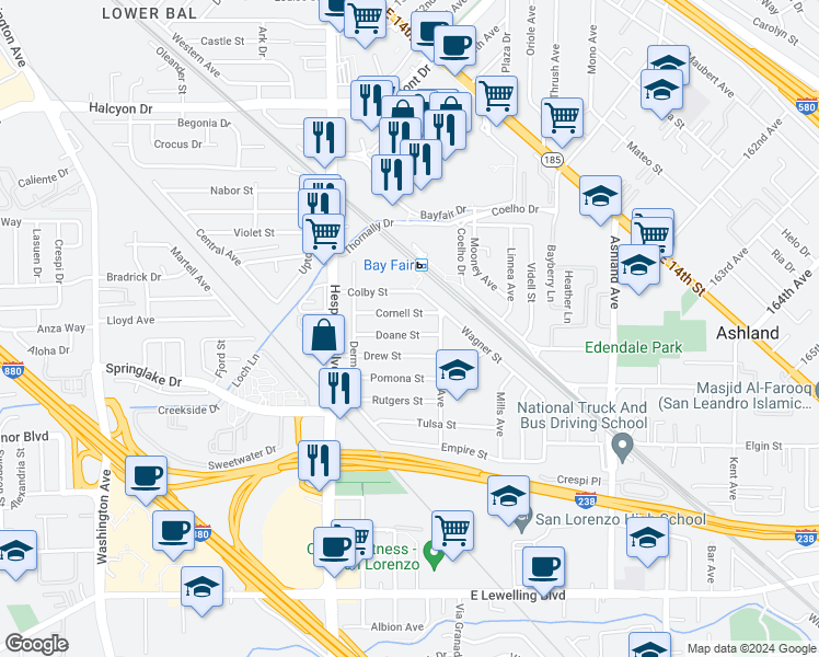 map of restaurants, bars, coffee shops, grocery stores, and more near 559 Doane Street in San Lorenzo