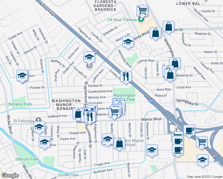 map of restaurants, bars, coffee shops, grocery stores, and more near 1009 Cumberland Avenue in San Leandro