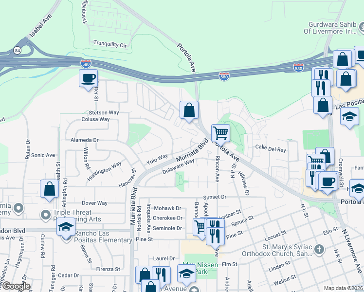 map of restaurants, bars, coffee shops, grocery stores, and more near 1016 Glenn Common in Livermore