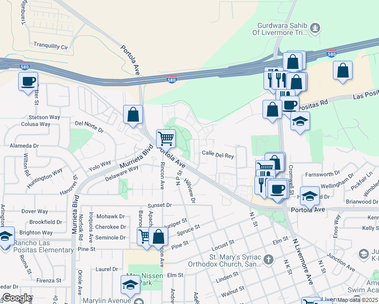 map of restaurants, bars, coffee shops, grocery stores, and more near 1843 Paseo Laguna Seco in Livermore