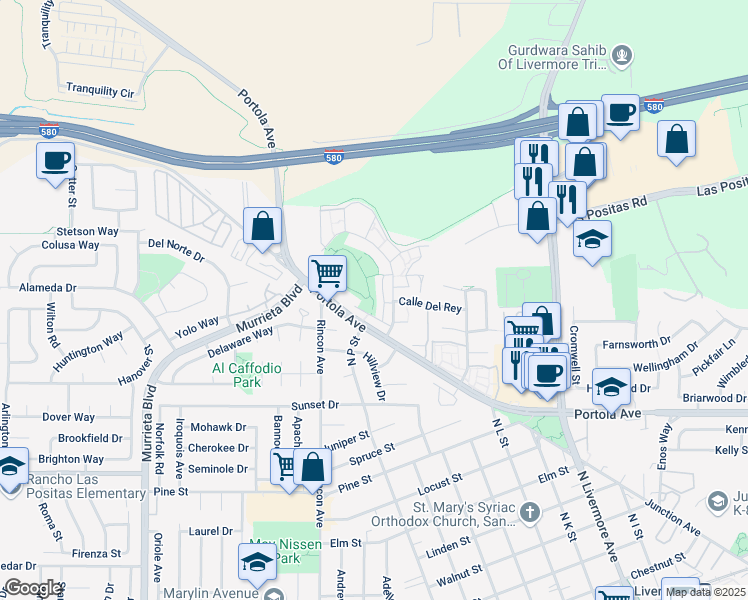 map of restaurants, bars, coffee shops, grocery stores, and more near 1821 Paseo Laguna Seco in Livermore