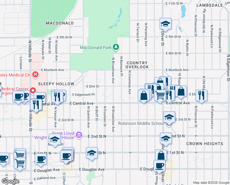 map of restaurants, bars, coffee shops, grocery stores, and more near 540 North Broadview Avenue in Wichita