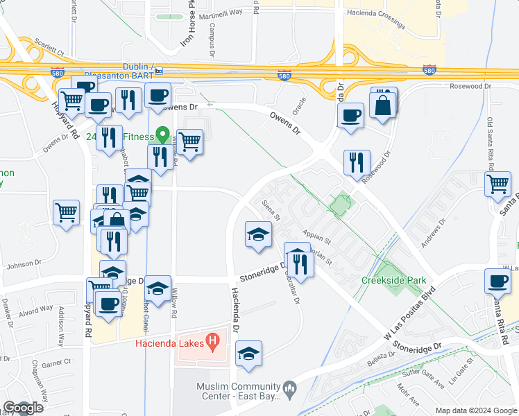 map of restaurants, bars, coffee shops, grocery stores, and more near 4169 Alba Court in Pleasanton