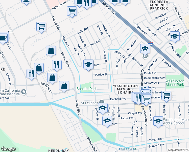 map of restaurants, bars, coffee shops, grocery stores, and more near 1696 Purdue Street in San Leandro