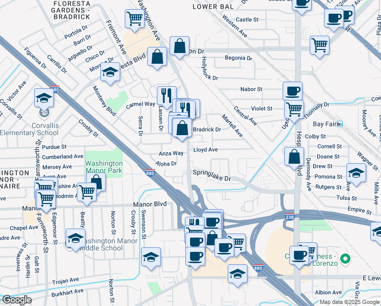 map of restaurants, bars, coffee shops, grocery stores, and more near 14860 Washington Avenue in San Leandro