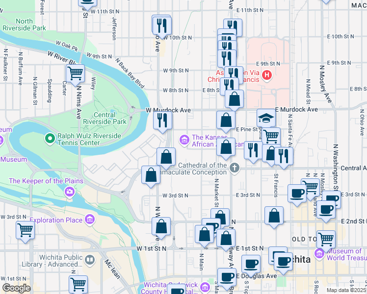map of restaurants, bars, coffee shops, grocery stores, and more near 601 North Water Street in Wichita