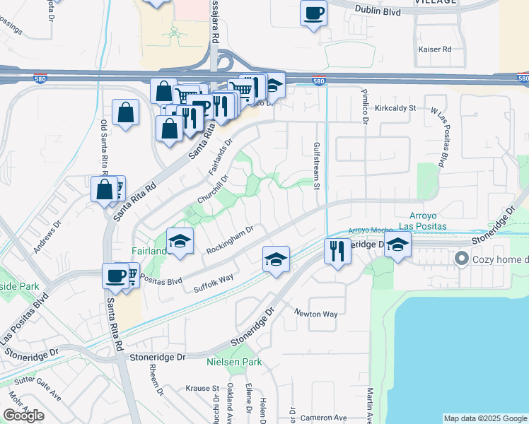 map of restaurants, bars, coffee shops, grocery stores, and more near 3239 Runnymede Court in Pleasanton