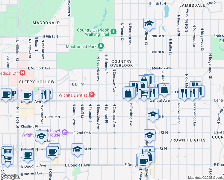 map of restaurants, bars, coffee shops, grocery stores, and more near 531 North Crestway Street in Wichita