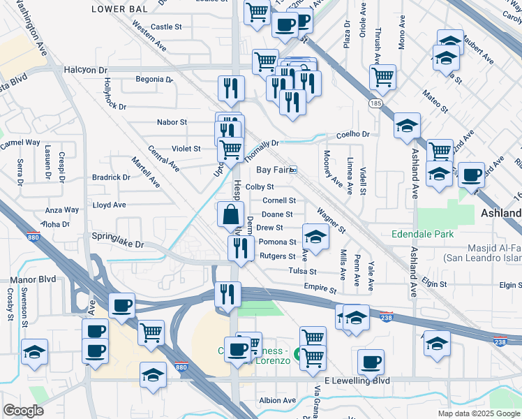 map of restaurants, bars, coffee shops, grocery stores, and more near 527 Doane Street in San Lorenzo