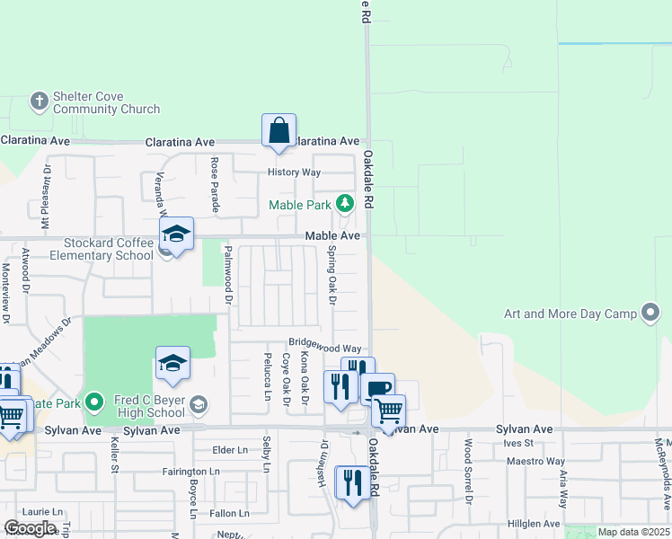 map of restaurants, bars, coffee shops, grocery stores, and more near 3913 Moana Way in Modesto