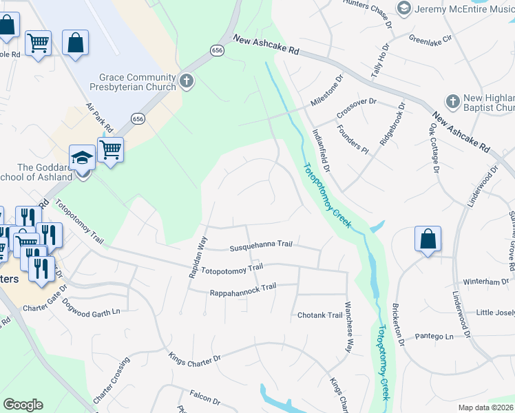 map of restaurants, bars, coffee shops, grocery stores, and more near 11103 Manor View Drive in Mechanicsville