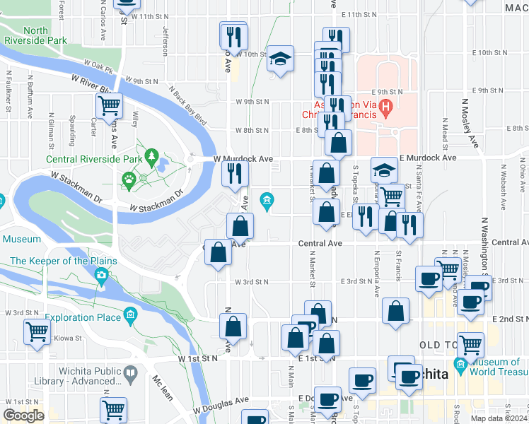 map of restaurants, bars, coffee shops, grocery stores, and more near 601 North Water Street in Wichita