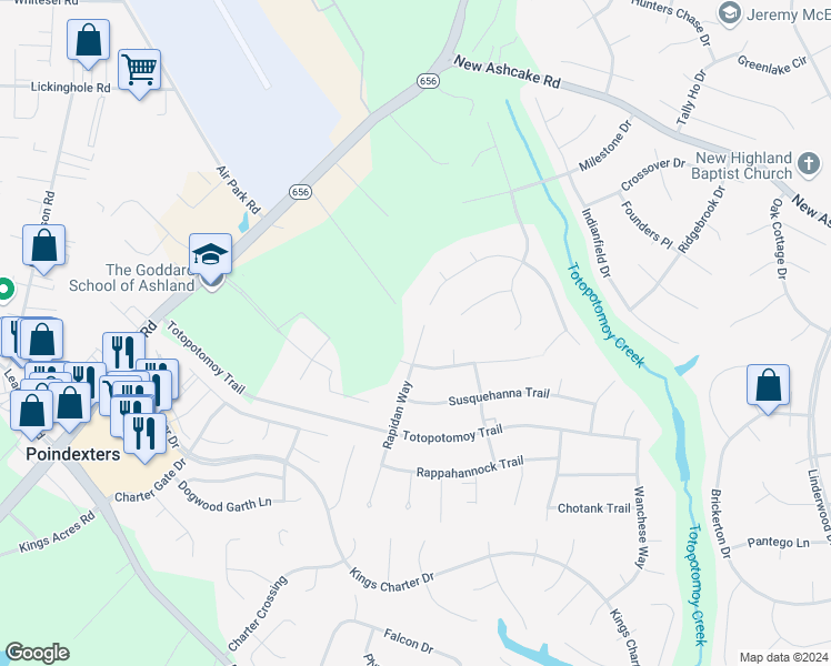 map of restaurants, bars, coffee shops, grocery stores, and more near 10431 Rapidan Way in Ashland