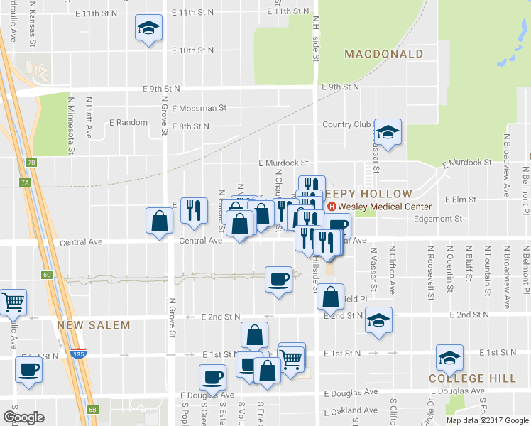 map of restaurants, bars, coffee shops, grocery stores, and more near 544 North Erie Street in Wichita