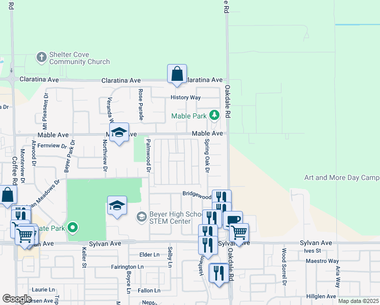 map of restaurants, bars, coffee shops, grocery stores, and more near 3917 Maui Terrace in Modesto