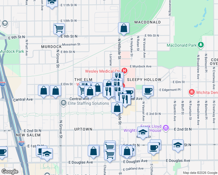 map of restaurants, bars, coffee shops, grocery stores, and more near 545 N Lorraine Ave in Wichita