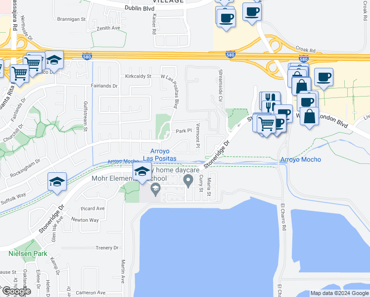 map of restaurants, bars, coffee shops, grocery stores, and more near 3010 Boardwalk Street in Pleasanton