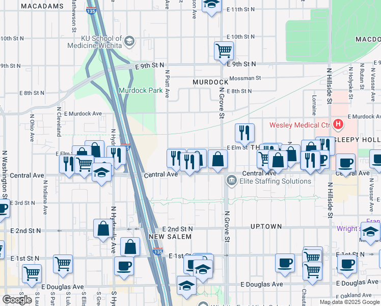 map of restaurants, bars, coffee shops, grocery stores, and more near 545 North Madison Avenue in Wichita