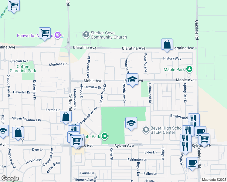 map of restaurants, bars, coffee shops, grocery stores, and more near 3905 Fieldcrest Court in Modesto