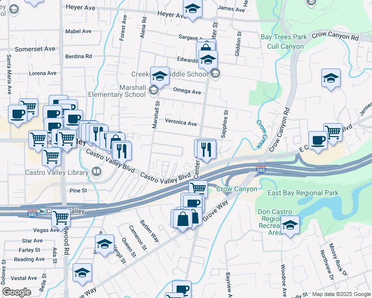 map of restaurants, bars, coffee shops, grocery stores, and more near 20640 Woodside Way in Castro Valley