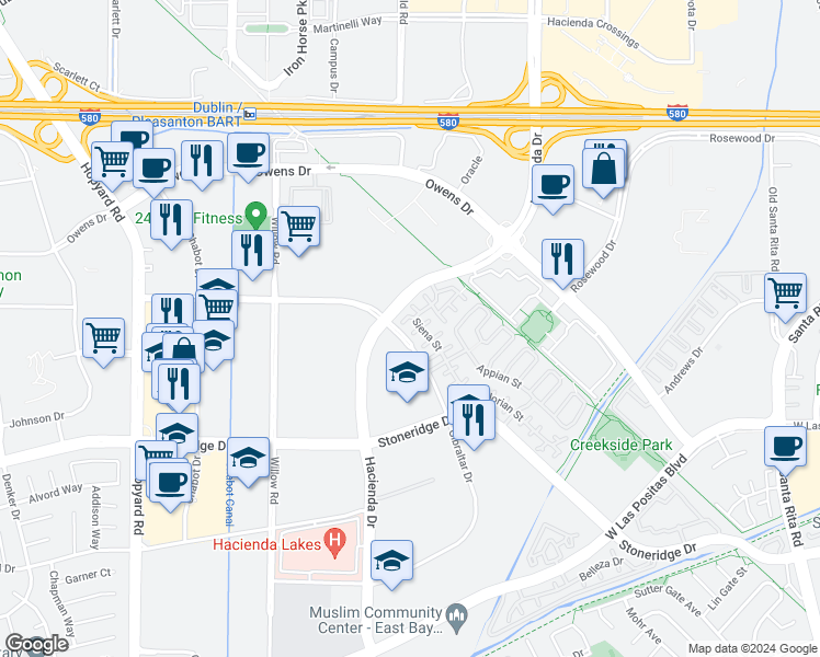 map of restaurants, bars, coffee shops, grocery stores, and more near 4153 Alba Court in Pleasanton