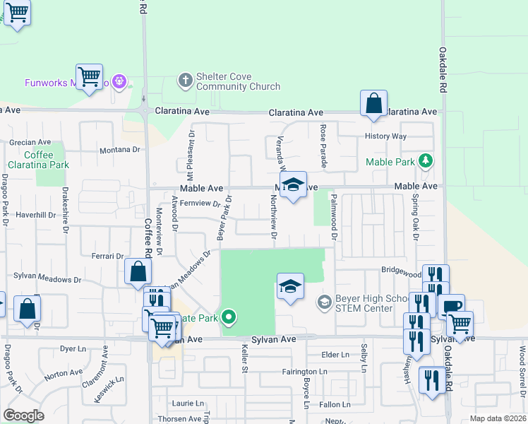 map of restaurants, bars, coffee shops, grocery stores, and more near 3904 Midcrest Ct in Modesto