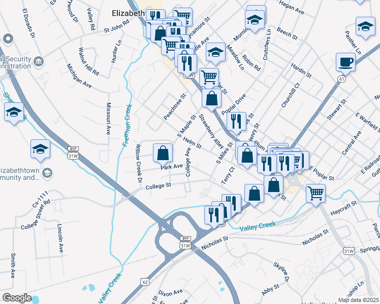 map of restaurants, bars, coffee shops, grocery stores, and more near 203-299 College Ave in Elizabethtown