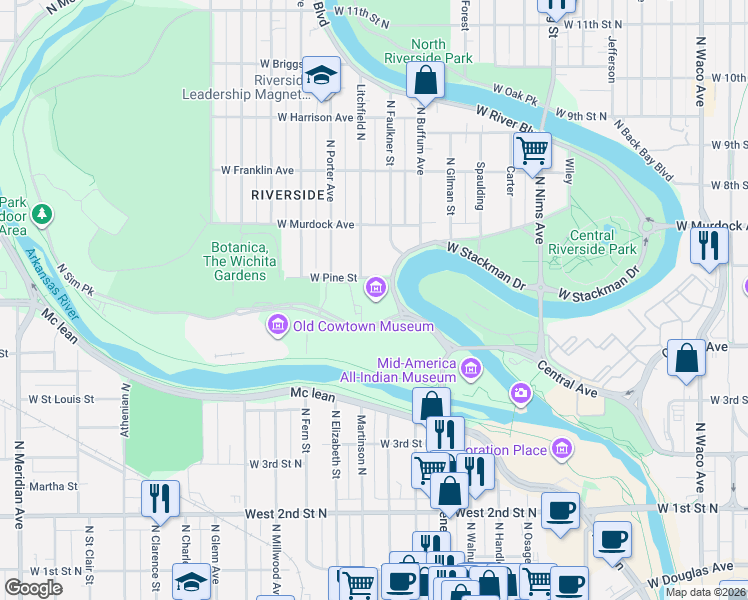 map of restaurants, bars, coffee shops, grocery stores, and more near 1400 West Museum Boulevard in Wichita