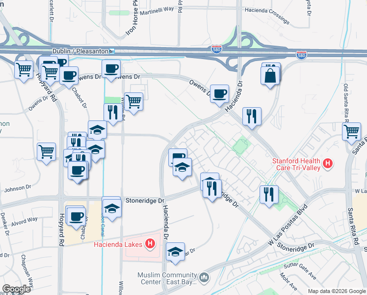 map of restaurants, bars, coffee shops, grocery stores, and more near 4153 Alba Court in Pleasanton