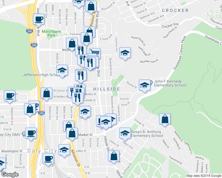 map of restaurants, bars, coffee shops, grocery stores, and more near 98 Parma Street in Daly City