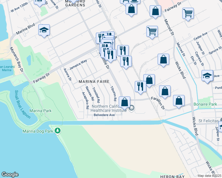 map of restaurants, bars, coffee shops, grocery stores, and more near 14283 Tiburon Road in San Leandro
