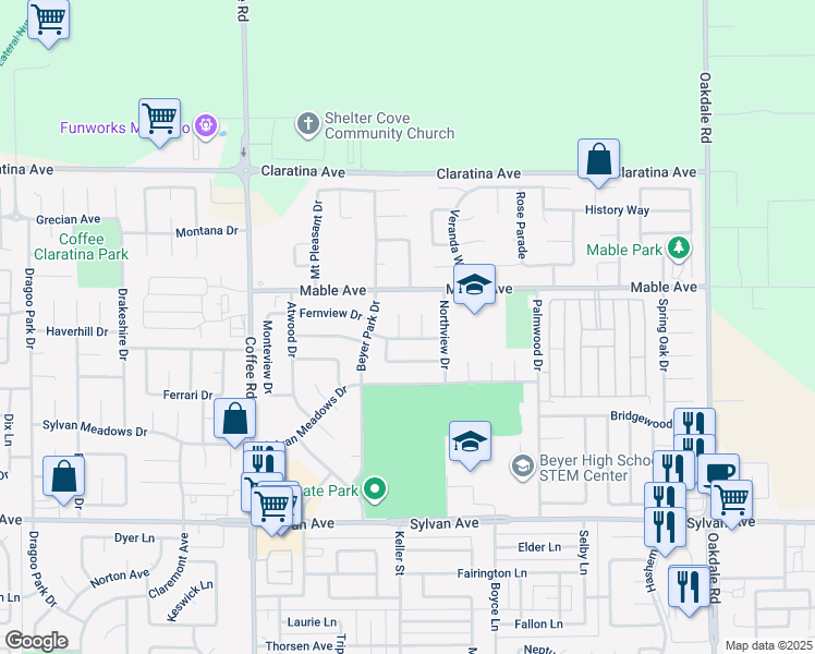 map of restaurants, bars, coffee shops, grocery stores, and more near 3905 Fieldcrest Court in Modesto