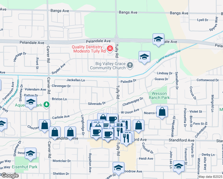map of restaurants, bars, coffee shops, grocery stores, and more near 1316 Clevenger Drive in Modesto