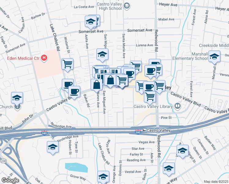 map of restaurants, bars, coffee shops, grocery stores, and more near 20821 Chester Street in Castro Valley