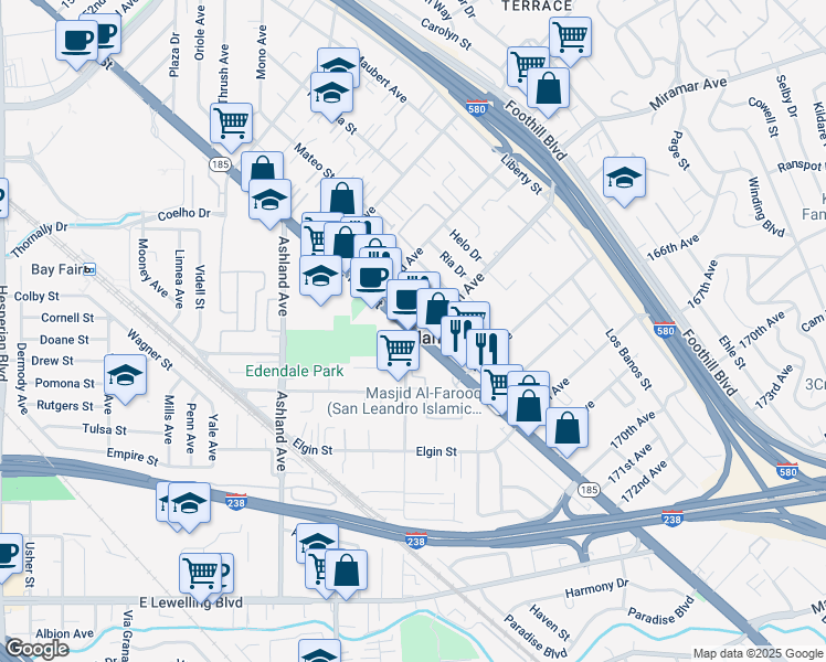 map of restaurants, bars, coffee shops, grocery stores, and more near in Ashland