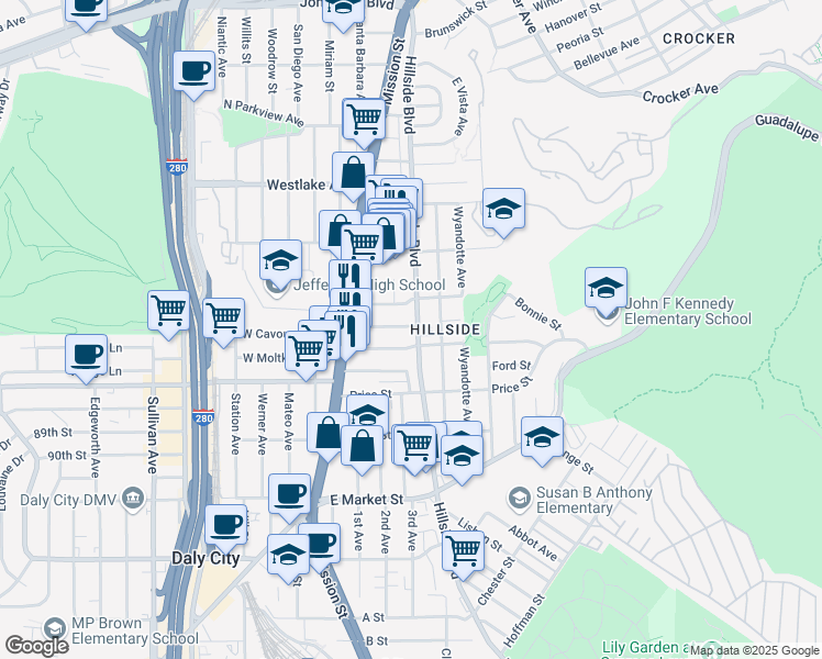 map of restaurants, bars, coffee shops, grocery stores, and more near 673 Hillside Boulevard in Daly City