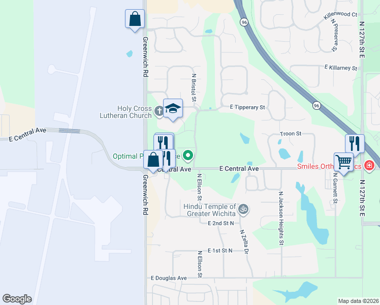 map of restaurants, bars, coffee shops, grocery stores, and more near 519 North Bristol Court in Wichita