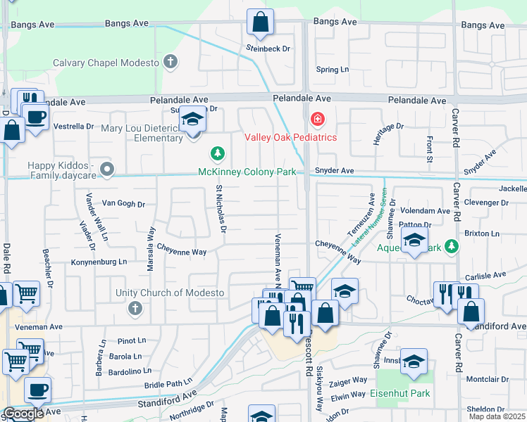 map of restaurants, bars, coffee shops, grocery stores, and more near 2217 Den Helder Drive in Modesto