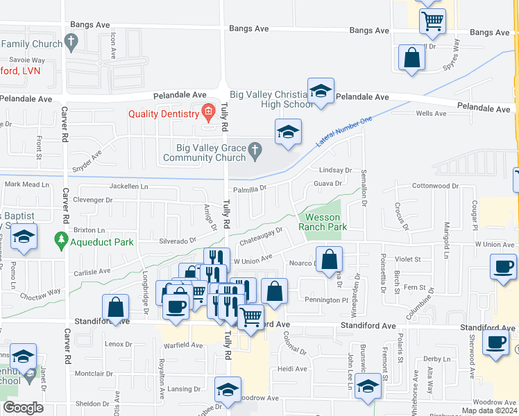 map of restaurants, bars, coffee shops, grocery stores, and more near 3829 Moorea Drive in Modesto