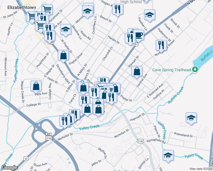 map of restaurants, bars, coffee shops, grocery stores, and more near 200 West Poplar Street in Elizabethtown