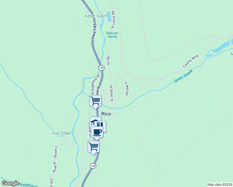 map of restaurants, bars, coffee shops, grocery stores, and more near 199 N Garfield St in Rico