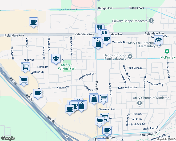 map of restaurants, bars, coffee shops, grocery stores, and more near 3900 Pheasant Lane in Modesto