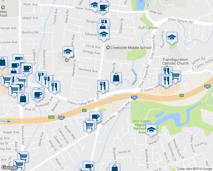 map of restaurants, bars, coffee shops, grocery stores, and more near 4122 Ravenwood Place in Castro Valley