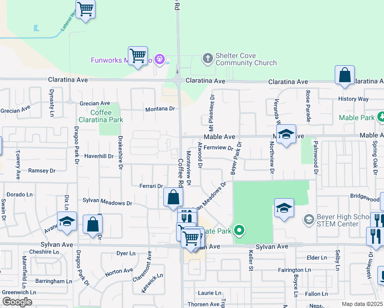 map of restaurants, bars, coffee shops, grocery stores, and more near 3900 Monteview Drive in Modesto