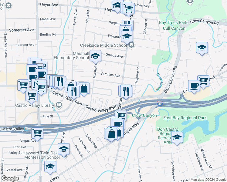 map of restaurants, bars, coffee shops, grocery stores, and more near 20640 Woodside Way in Castro Valley