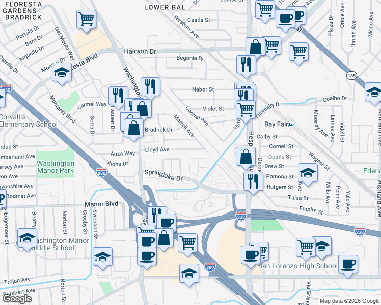 map of restaurants, bars, coffee shops, grocery stores, and more near 466 Lloyd Avenue in San Leandro