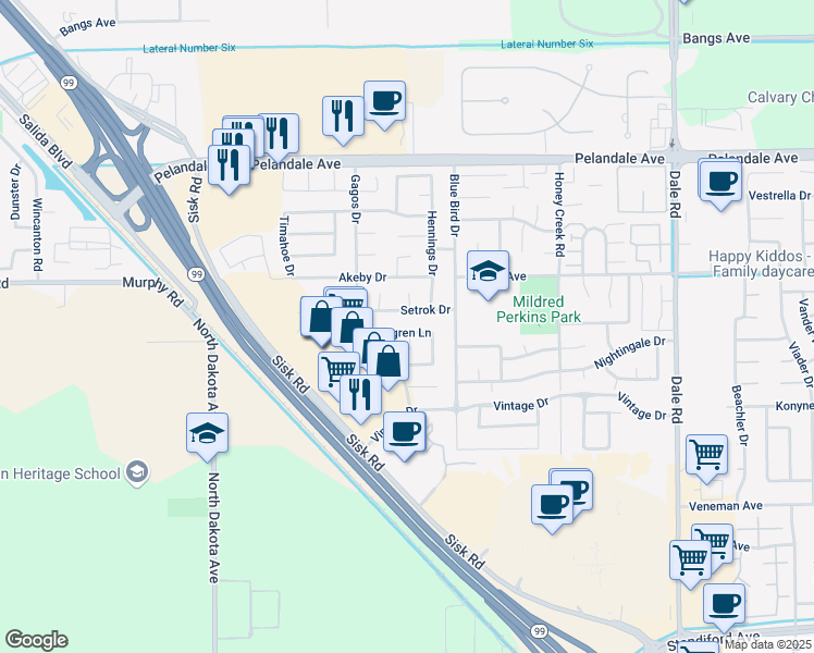 map of restaurants, bars, coffee shops, grocery stores, and more near 3501 Melgren Lane in Modesto